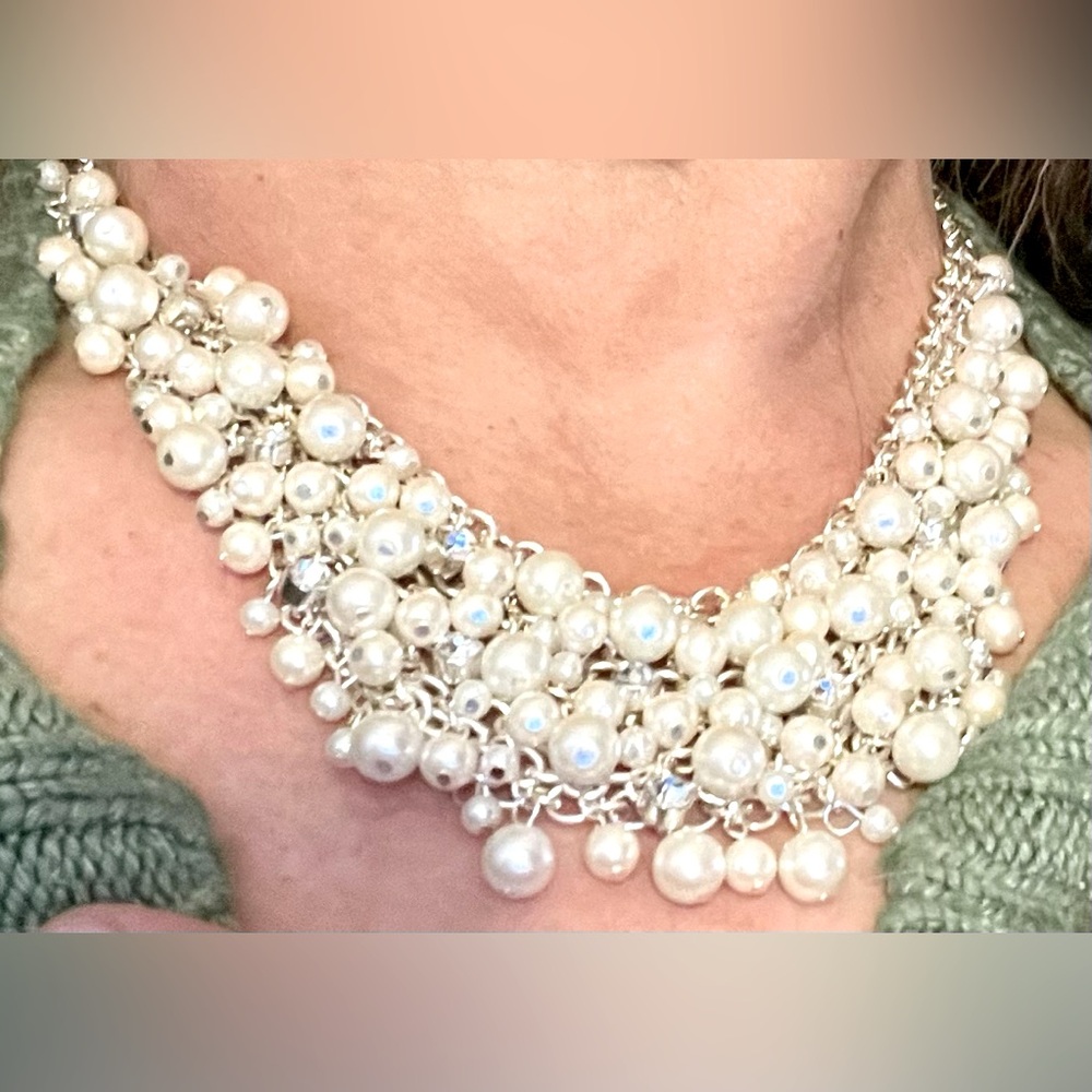 Faux pearl rhinestone beaded choker‎ necklace